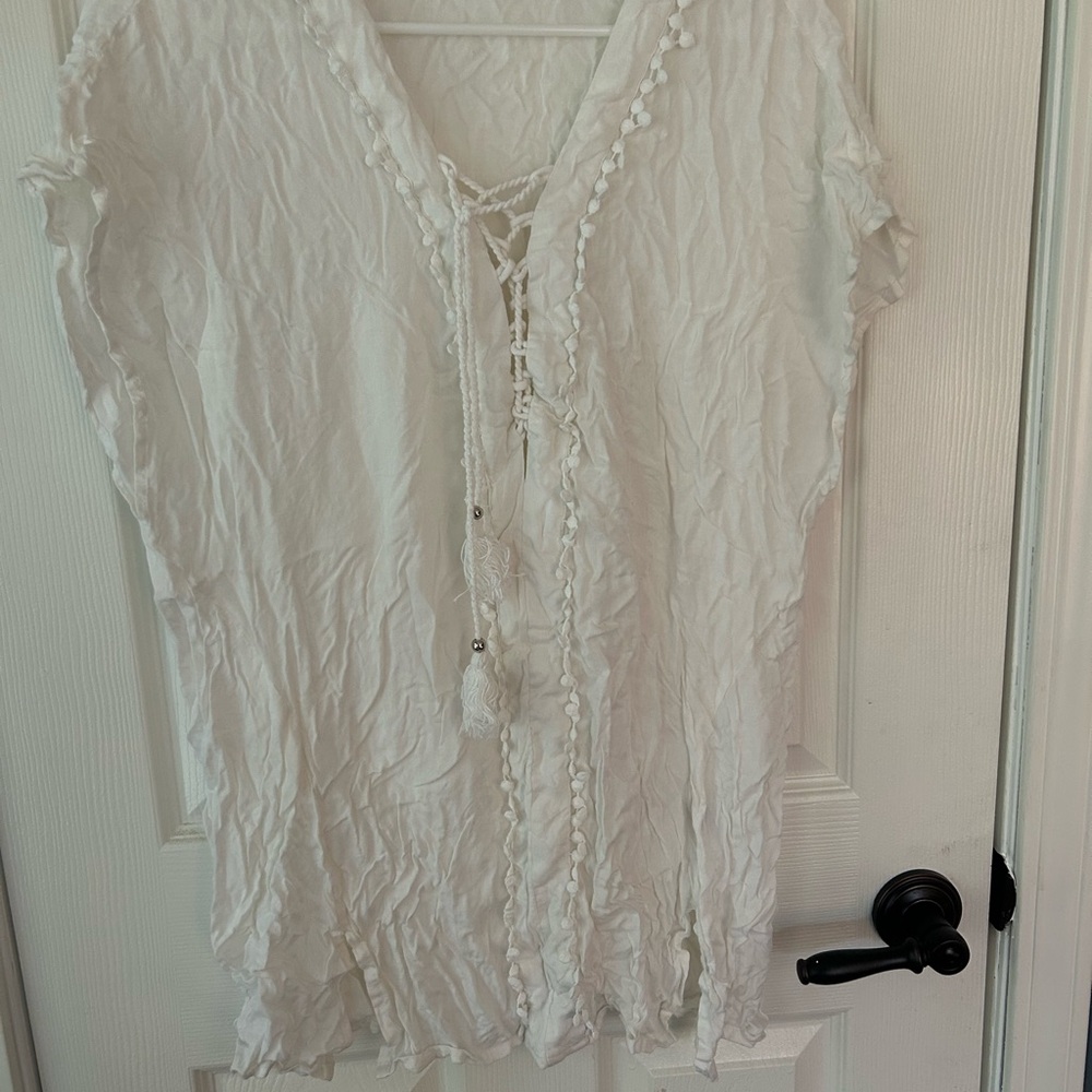 Raviya White Flutter Sleeve Swim Coverup with Tie Front